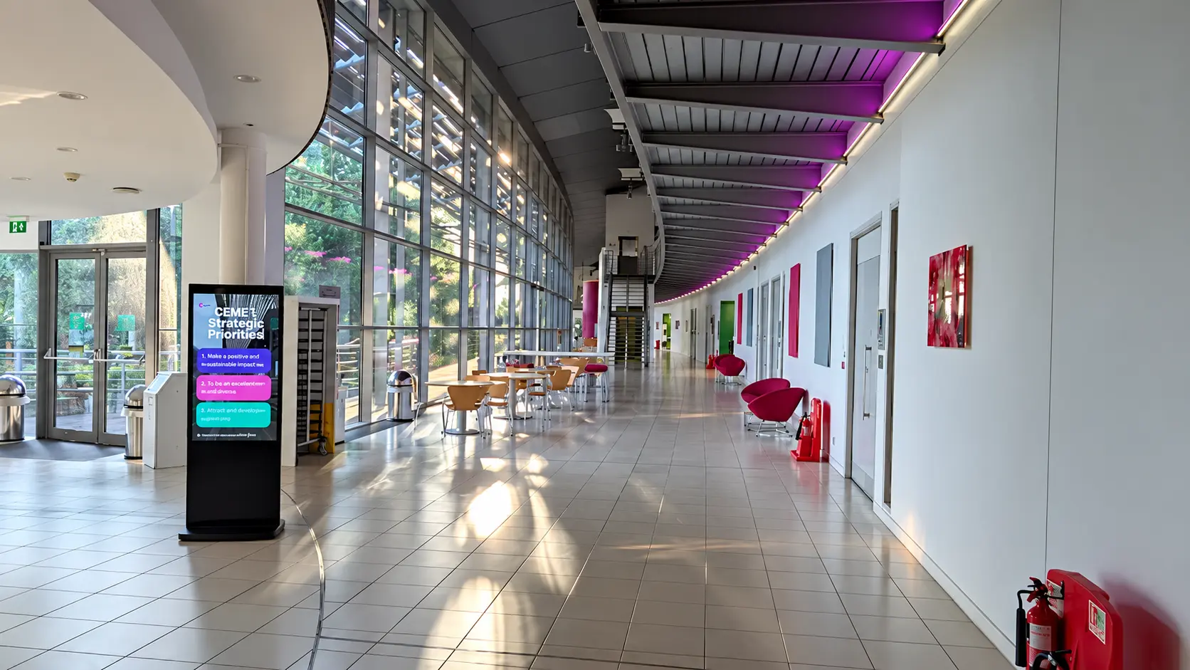 Bright modern atrium corridor with floor-to-ceiling glass